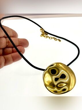 Joan Rivers 1990s Gold Tone Modernist Statement Pendant Necklace on Black Cord